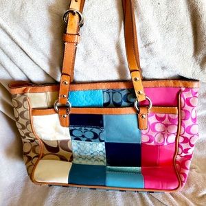 Patchwork Coach Purse, with adjustable straps, different fabrics.